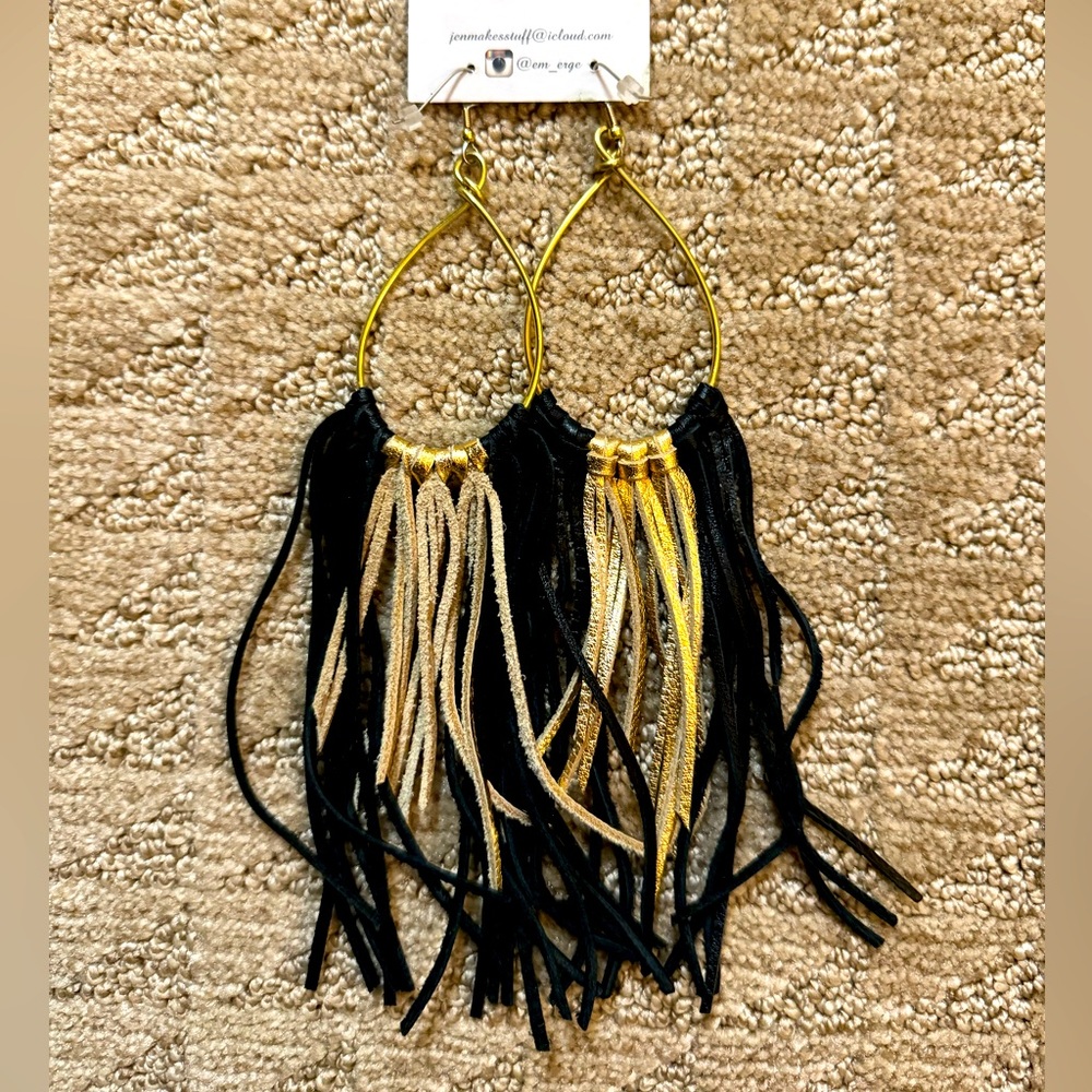 Emerge Leather Fringe Hoop Earrings - Black & Gold